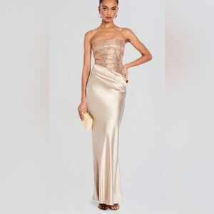 Retrofete Gold Strapless Ruched Gown for Weddings